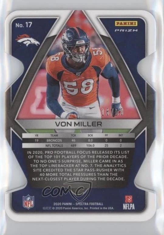 2020 Panini Spectra Neon Blue Prizm Die-Cut /50 Von Miller #17 - Image 2 of 2