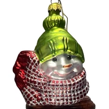 Christopher Radko Hand Blown Glass Snowman Head Christmas Ornament Green Hat
