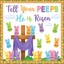 Easter Bulletin Board Decorations Set, Tell Your Peeps He Is Risen Cross Easter