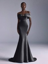 Silver Lurex Drop Shoulder Strapless Evening Maxi Dress & Train Cruise Size 8