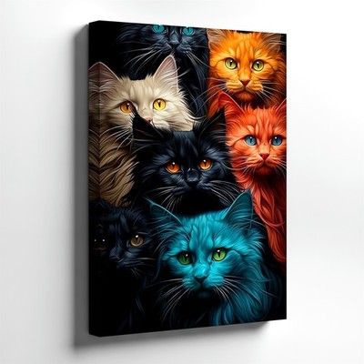 Wall Art Colorful Longhair Cat Portrait Print Black Background Home Decor Poster