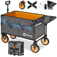 Sekey Foldable Beach Wagon – 330lbs, Table & Drink Holders, Gray/Orange
