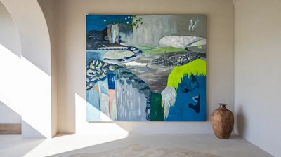 Einzelstück! Naive Abstrakt Landschaft verspielt XXL Format 140x130 cm Acrylglas