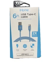 iHome 6' Dual Strain Type C to Male USBA Charge & Sync Cable,Color blue 