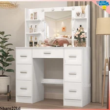 Vanity Table Set with Lighted Mirror Makeup Dressing Table 7 Drawer&Open Shelves
