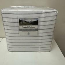 Flannel From Portugal 100 Cotton Full Size Sheet Set White Grey Stripe NEW