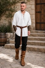Men's Medieval Costume Set White Black Tunic Pants Belt Festival Outfit 4PCS