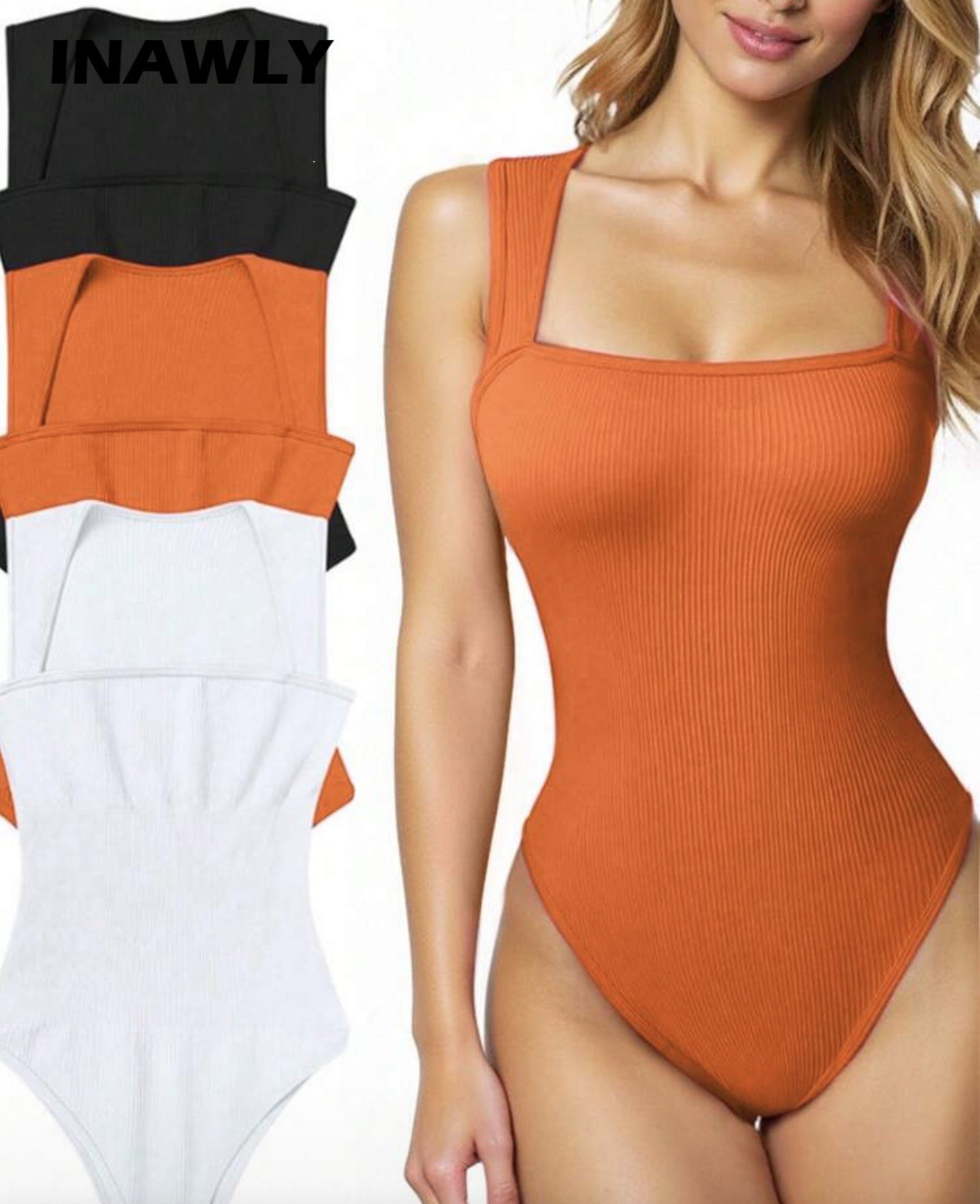 Women Ribbed Square Neck Bodysuit orange Sleeveless Seamless Top Bodycon size s image 4