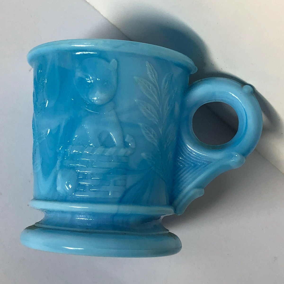VINTAGE AKRO AGATE CHILDS MUG/CUP DOG & CAT - BLUE SWIRL