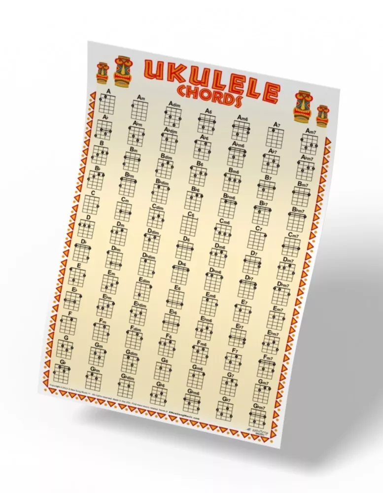 Laminated Ukulele Fretboard Notes & Easy Beginner Chord Chart 11x17  Instructional Poster for Soprano Concert Tenor Uke by A New Song Music