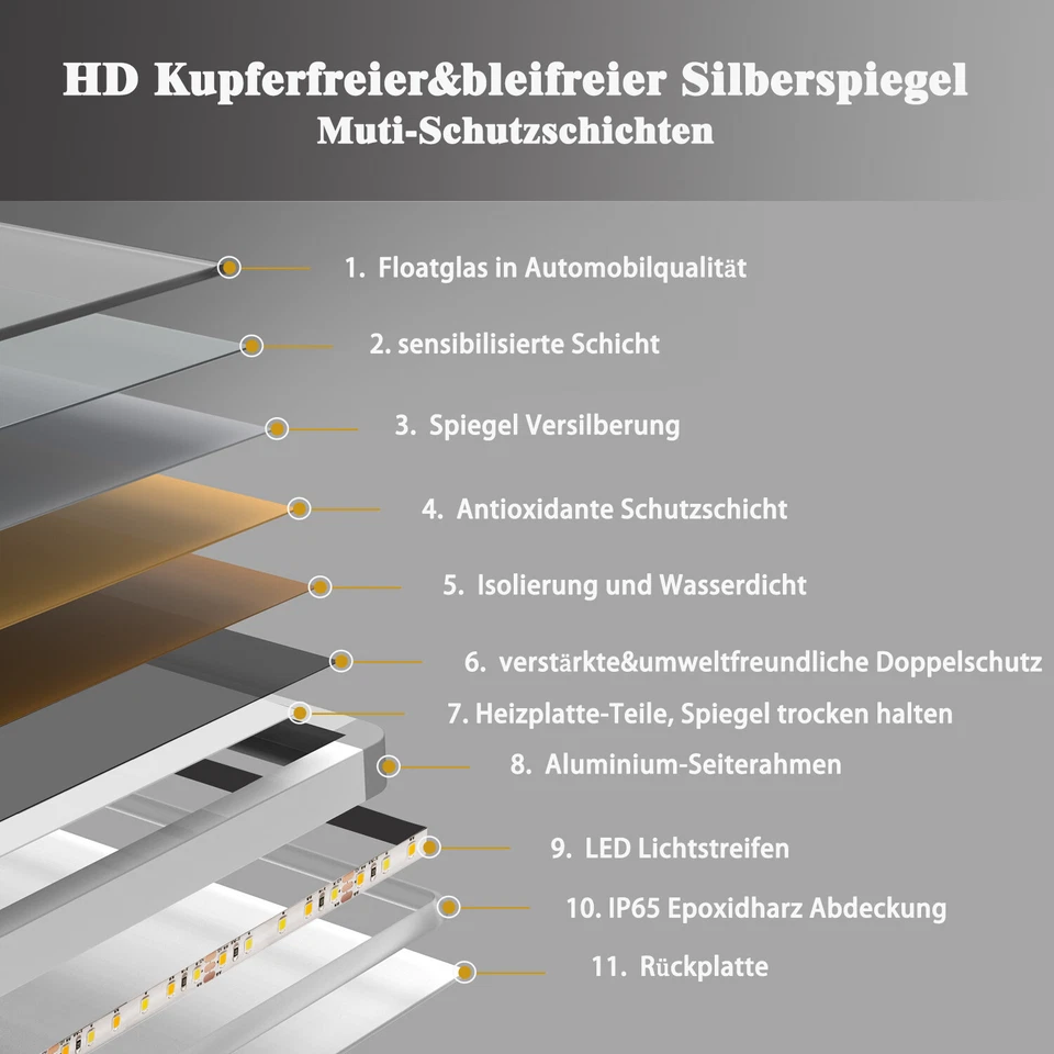 Badspiegel LED Badezimmerspiegel Touch Beschlagfrei Uhr Makeup Lichtspiegel ab50 - Bild 2 von 4