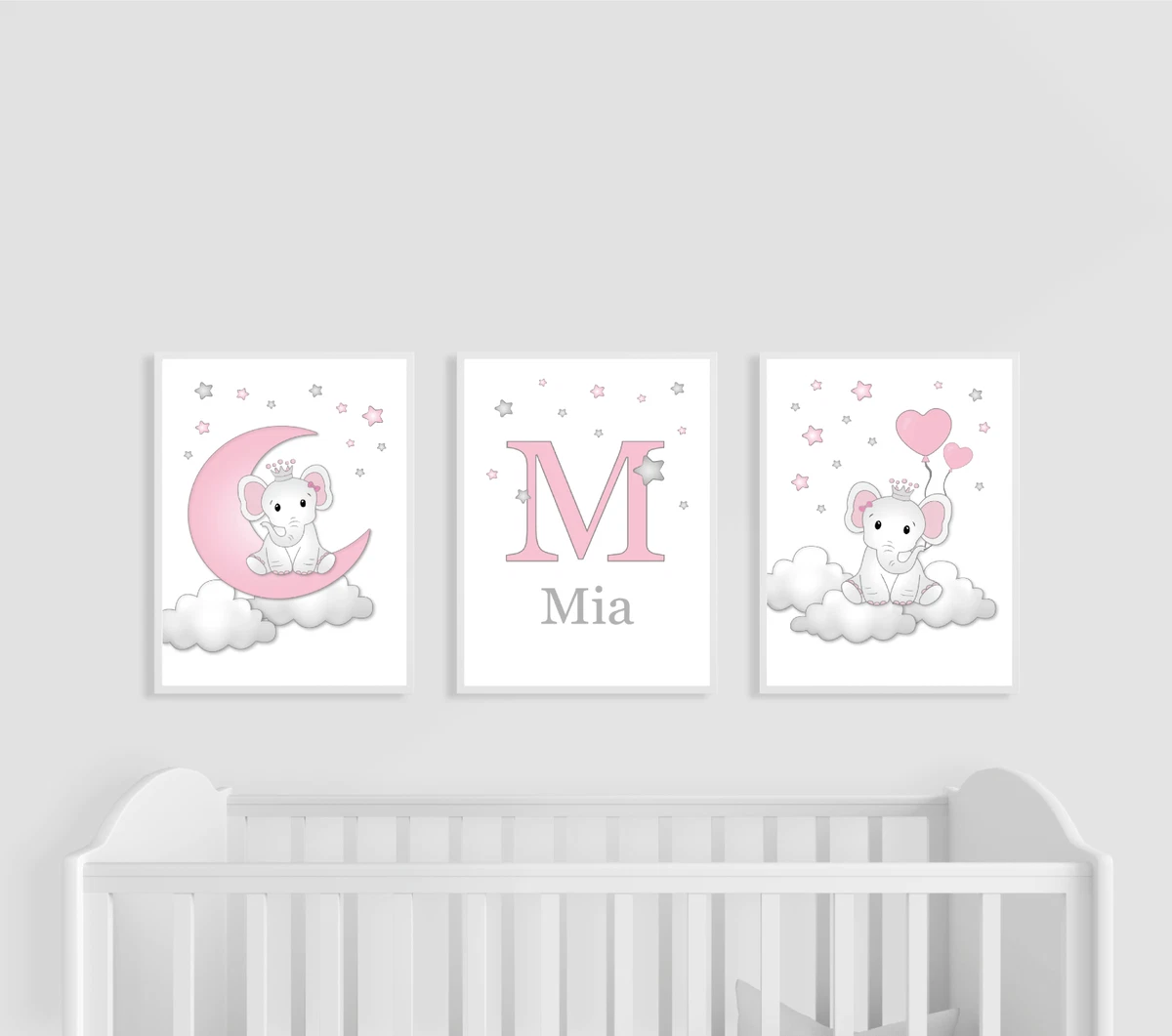 Elephant Nursery Prints Set of 3 Pink and Grey Personalised