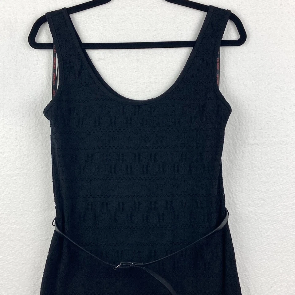 Guess Sleeveless Crochet Lace Sheath Dress Black Wednesday Gothic Sz Large Belt - Image 2 of 4