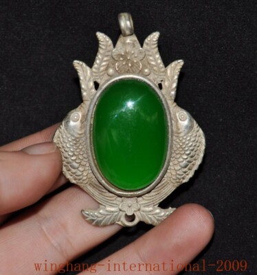 China Tibetan silver inlay green jade fengshui double fish