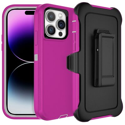 For iPhone 13 / Pro / Pro Max / Defender Case With (Belt Clip Fit Otterbox) Pink