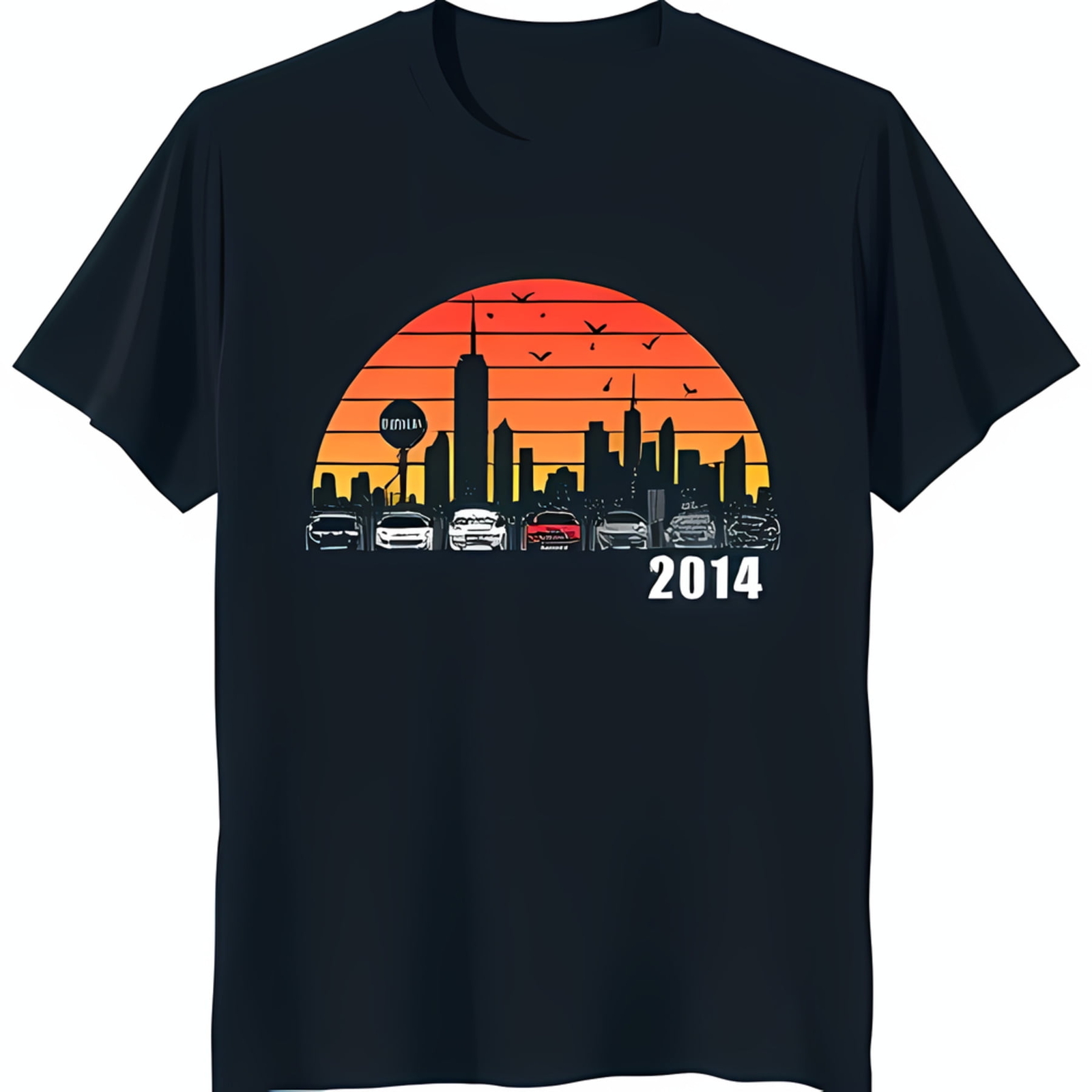 Retro Cityscape Black T-Shirt with Sunset & Cars 2014 Design