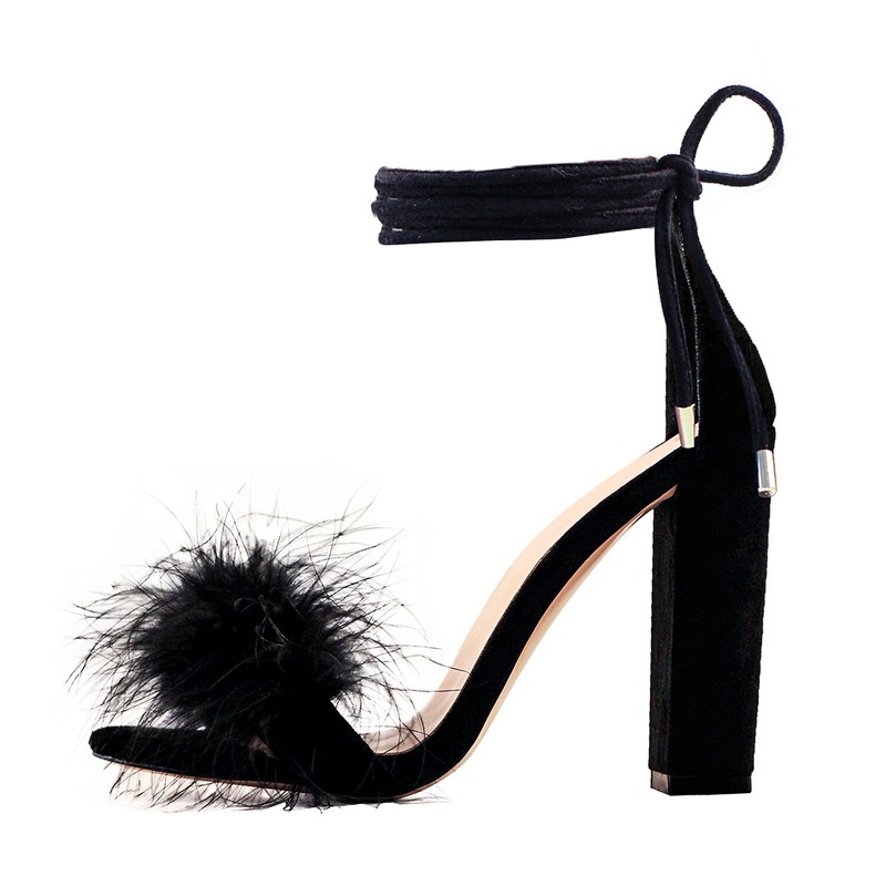 Women's Lace Up Ankle Strap Fluffy Strappy Block High Heels Sandals Size US9