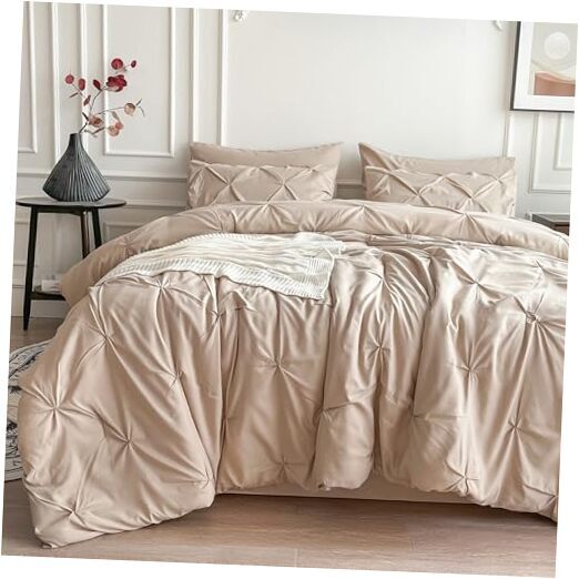 Comforter Set, 7 Pieces Bed in a Bag Pintuck Bedding Sets with Queen Beige-image