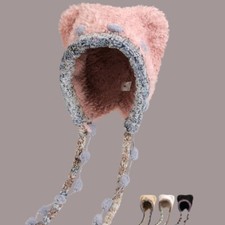 Damen Plüsch Strickmütze Bär Ohr Quasten Pom Ball Kappe Warm Flauschig Fell Süß