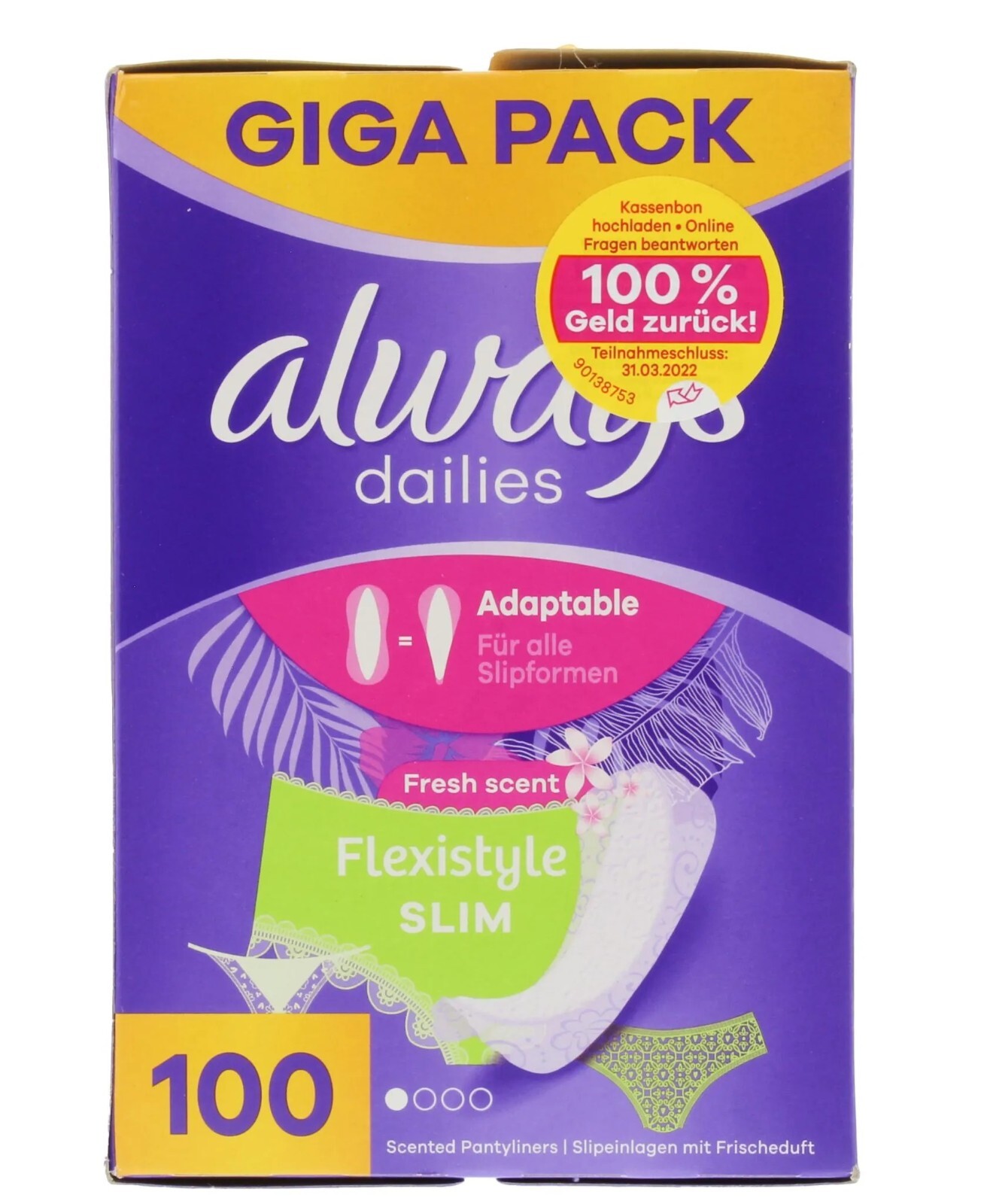 Always Dailies Womens Flexistyle Slim Fresh Panty Liners Adaptable 100