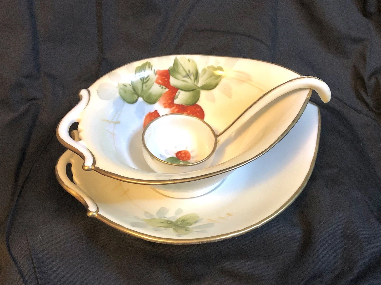 Antique 3 Piece Nippon-Hand Painted Strawberry Sauce Boat w/ Saucer & Ladle