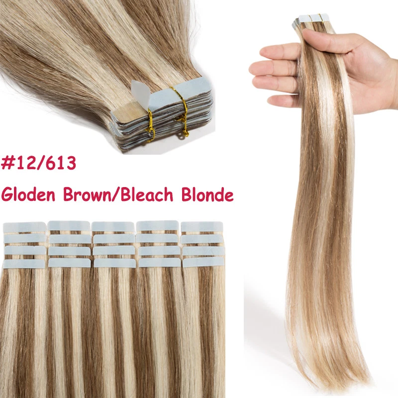 Extensiones de cabello humano Remy de 12-24 pulgadas con cinta adhesiva 150 g rubio largo grueso real EE. UU. Foto 3 de 4