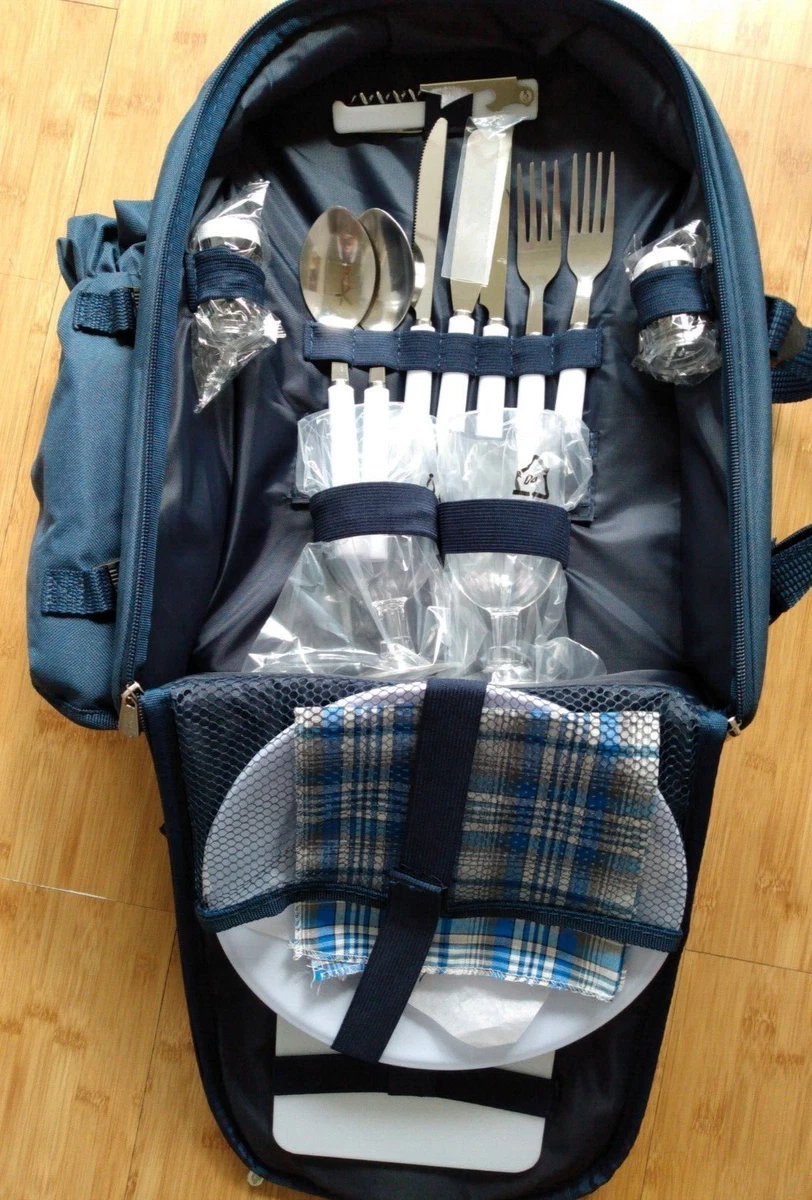 Apollo Walker Picnic Backpack, Set of 2 Utensils Plates Cups Blanket Plaid  Blue