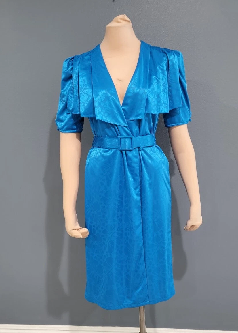 Vintage 60s 70s low cut belted wrap midi dress M