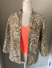 CHICOS Sz 1 M 10-12 Beige Wht SILK LINEN Lined JACKET 3/4 TRIBAL Eyelet Front