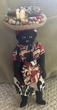 Vintage Caribbean Jamaican Cloth Doll with Fruit Filled Straw Hat 13"