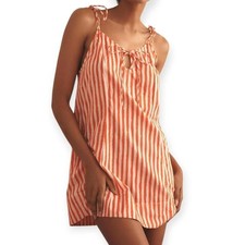 FARM RIO + ANTHRO Tie Strap Mini Nap Dress Sz M Cotton Orange Stripe Boho Resort