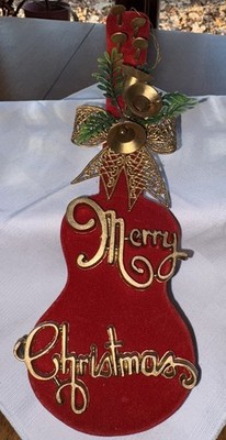 Vintage Christmas Red Flocked Gold Merry Christmas Guitar Hanging