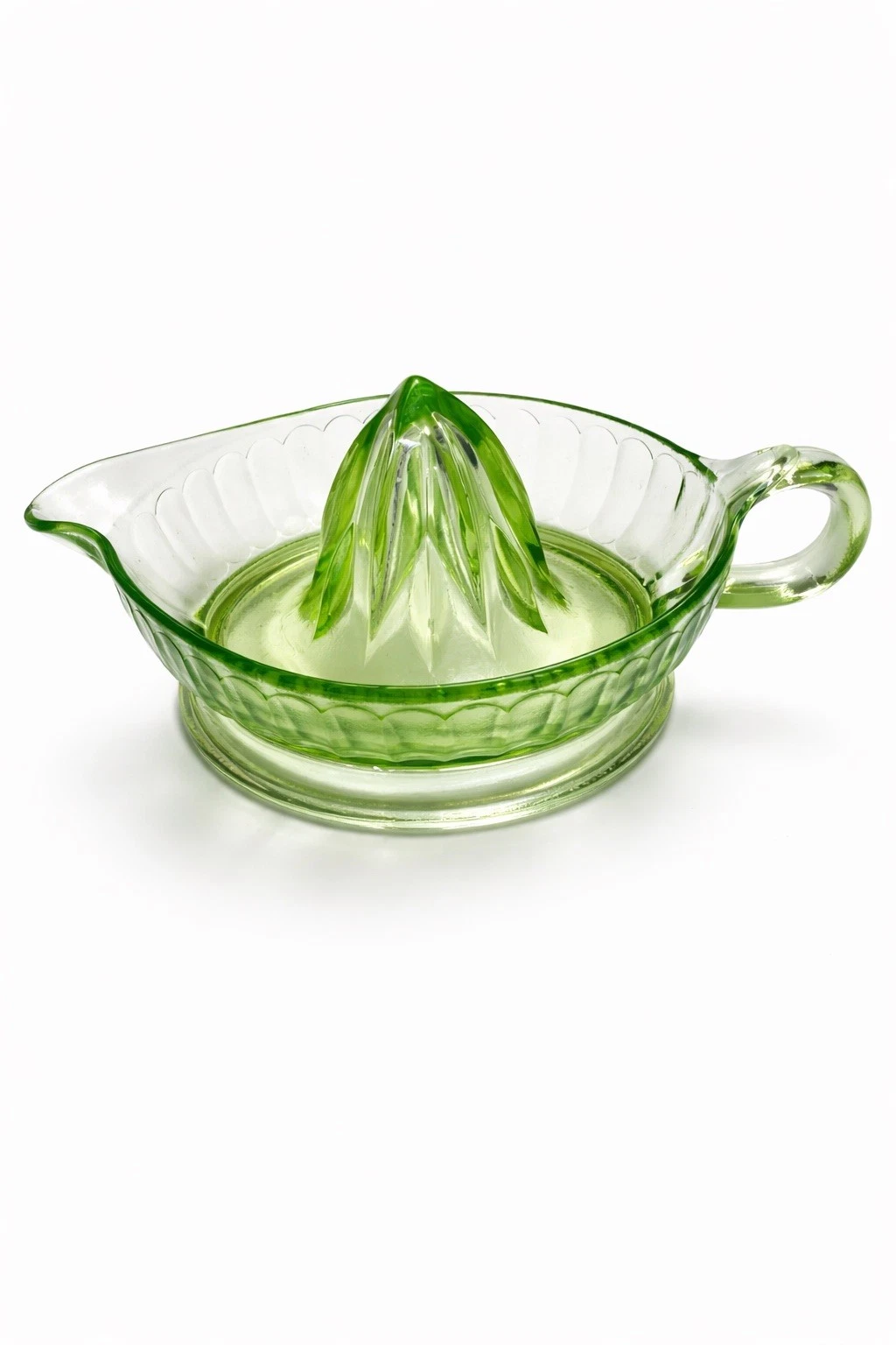 Vtg Uranium Federal Glass Juicer Green Vaseline Citrus Reamer Handled Depression