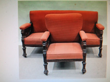 ANTIQUE VINTAGE CIRCA 1900 HORNER PARLOR SET SOFA & CHAIR w CARVED WOOD GRIFFINS