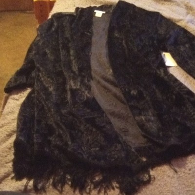 Kmart Jaclyn Smith JS SLP Black Velvet Floral Open Front Fringe Kimono L
