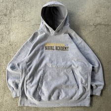 Vintage 90s Pro Weave Navy Naval Academy Hoodie Sweatshirt Reverse Gray Size XL