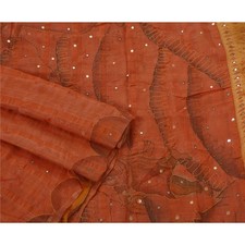 Sanskriti Vintage Sarees 100 Pure Silk Hand Beaded Orange Craft Fabric Sari