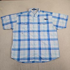 Columbia PFG Super Bahama II Shirt Mens Large Blue White Plaid Fishing Vented