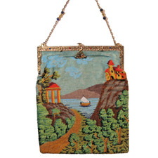 Antique Vintage Beaded Purse Scenic Castle Boat Mountains -SELLER PAYS US TARIFF