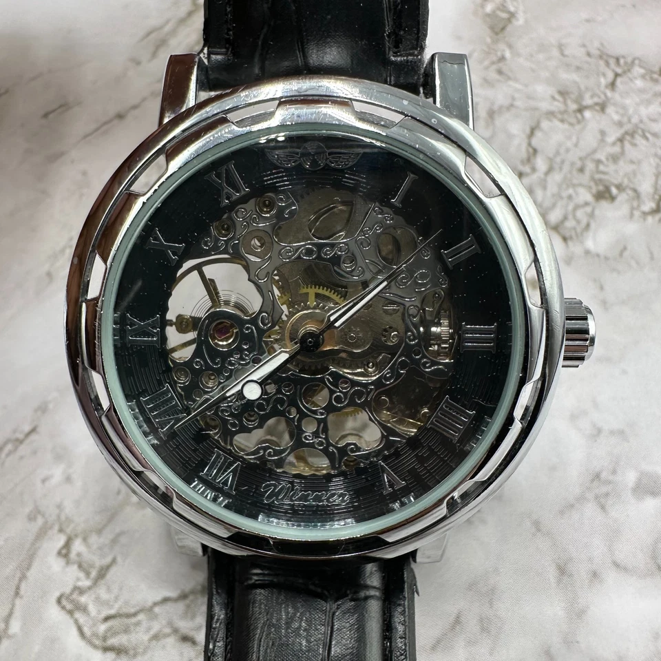 Winner Automatic Watch Men Silver Tone Skeleton Dial 39MM Black Band 9 Inch - Image 3 of 4