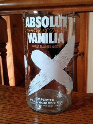 ABSOLUT VANILIA; ACL VODKA BOTTLE; MADE INTO A DRINKING GLASS; (Up-cycled)