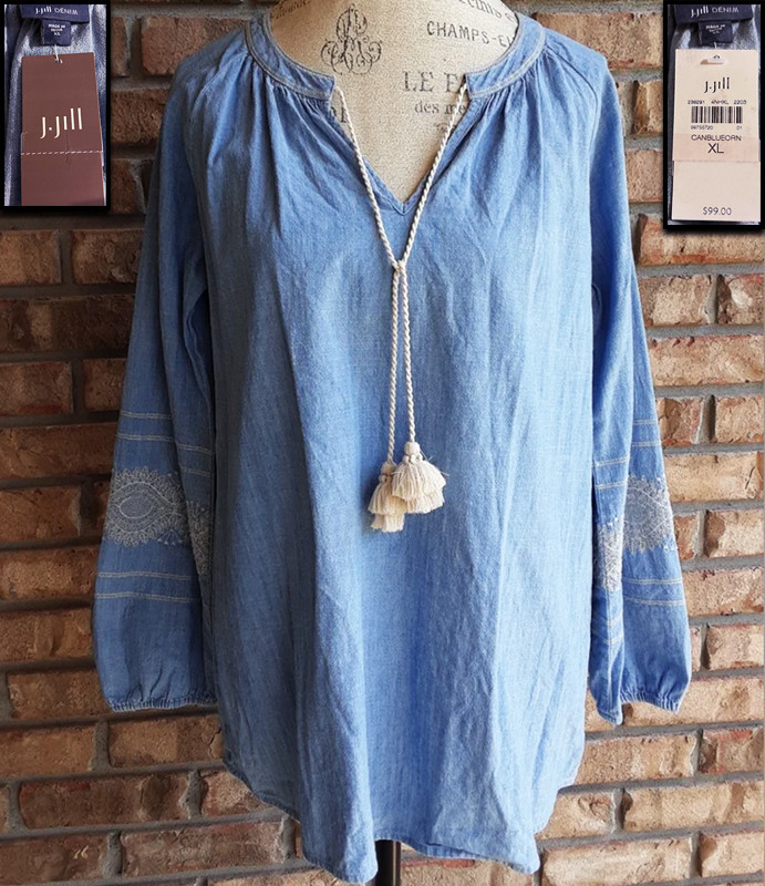 NWT J JILL DENIM BLUE WHITE EMBROIDERY FLORAL PULLOVER TASSEL SHIRT TUNIC TOP XL