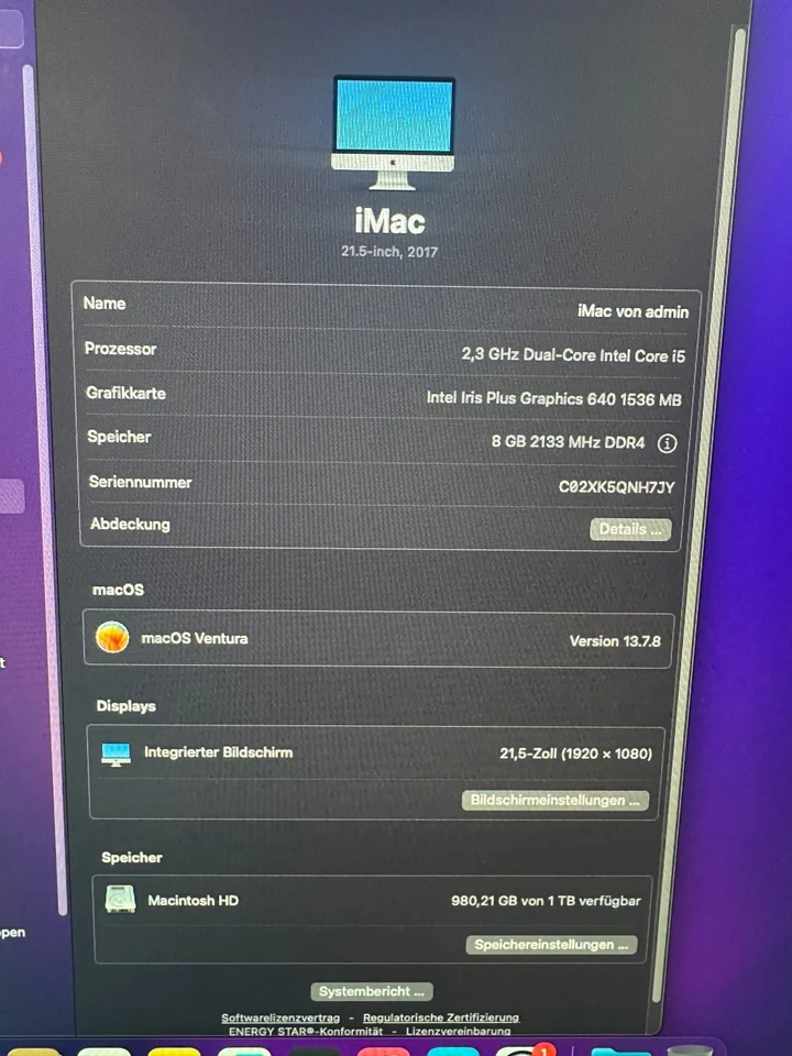 Apple iMac 21,5 Zoll Intel Core i5 2,3 GHz 8 GB RAM 1 TB HDD Modelljahr 2017 - Bild 3 von 3