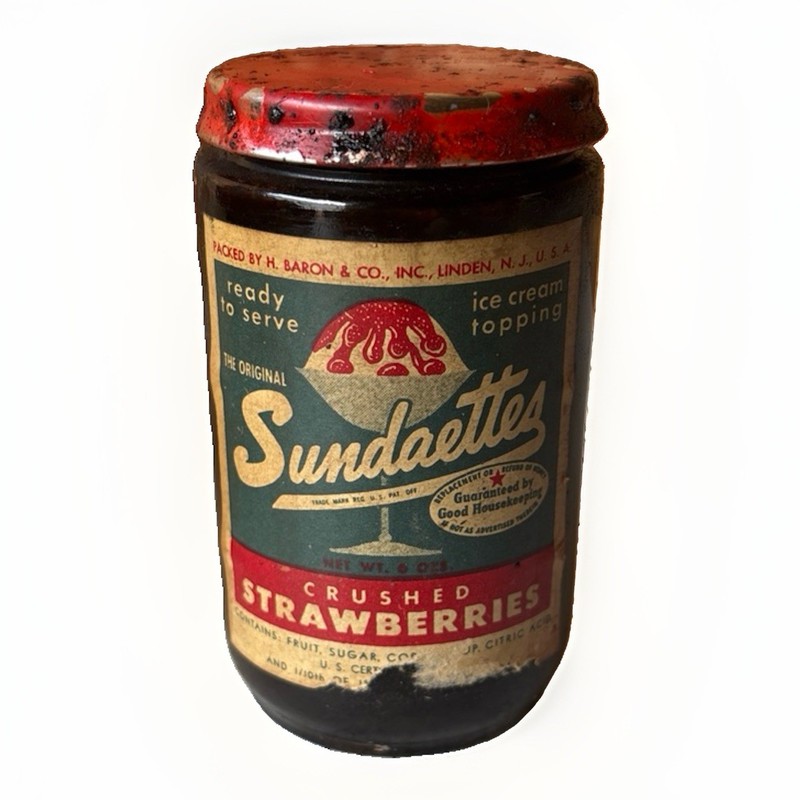 VTG Sundaettes Crushed Strawberries Ice Cream Topping Glass Jar w/Label