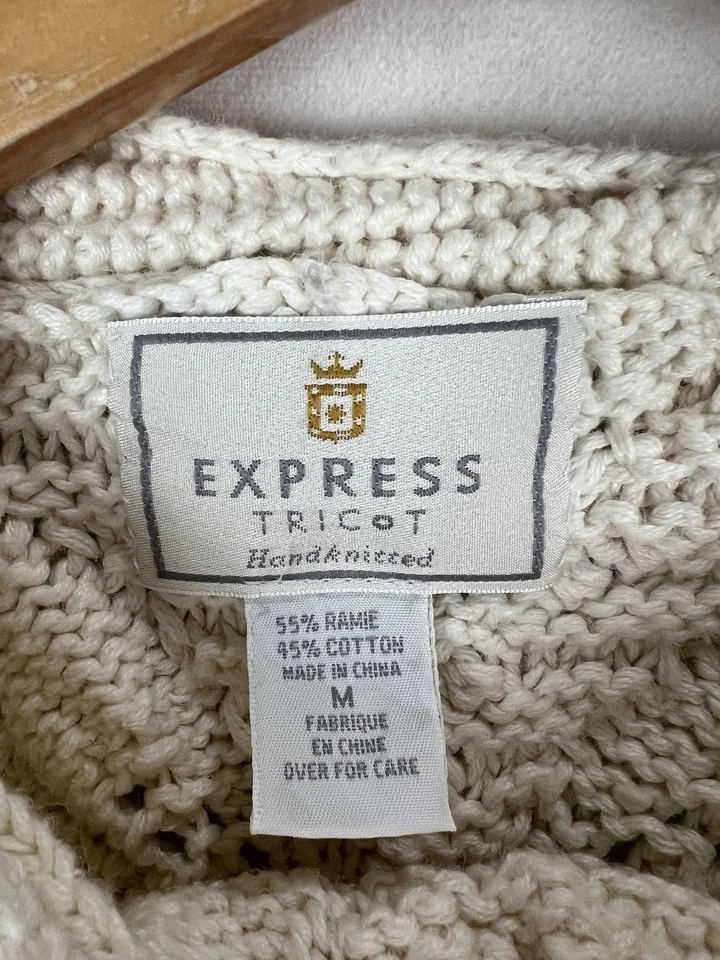 Suéter Express Tricot Mujer Mediano Crema Blanco Tejido a Mano Hoja Pullover Foto 3 de 4
