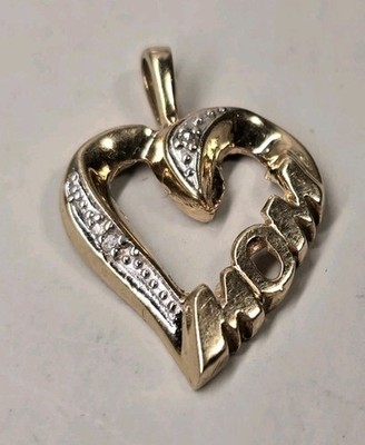 10K Gelbgold herzförmiger Anhänger ''MAMA'' mit 2 Diamanten - 1gm Damengold 10k