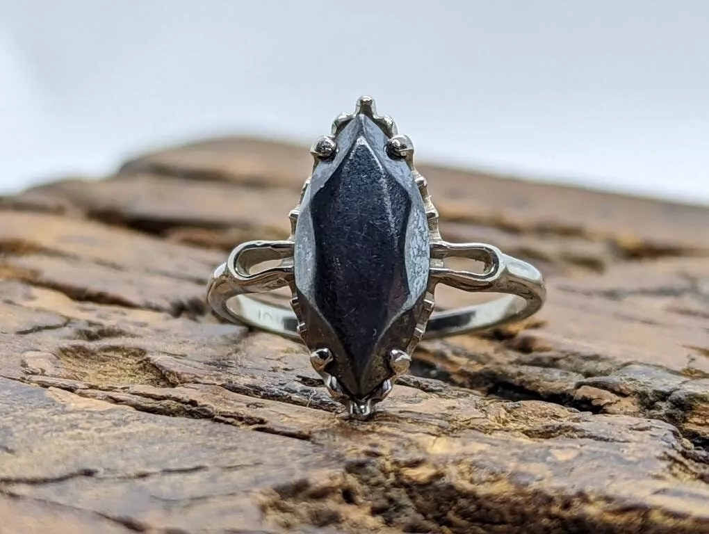 Marquise Hematite ring. 10k white gold Hematite ring. Navette