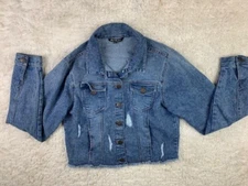 VIP Size Xl Womens Denim Jean Jacket Distressed Button Front Med Wash