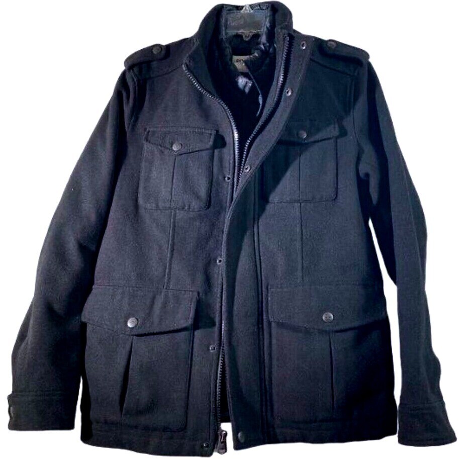 Dockers Black Wool Blend Pea Coat with Quilted Puffer Lining Mens Size Small