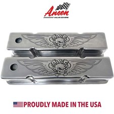 Small Block Chevy Tall Polished Valve Covers - Engraved Skeleton Design